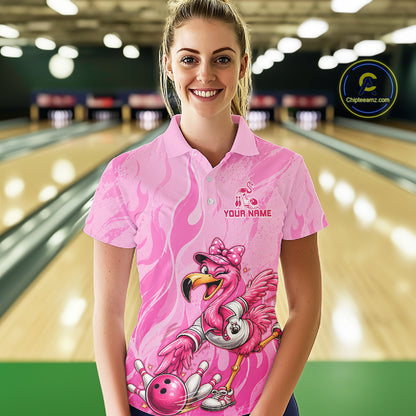 A smiling woman stands in a bowling alley wearing a pink short-sleeve polo shirt with a flamingo graphic and the text 'YOUR NAME'. Bowling lanes are visible in the blurred background, and a circular 'ChipTeaseZ.