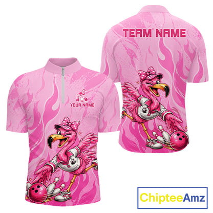 A pink short-sleeve athletic quarter-zip shirt shown from both front and back, featuring a cartoon flamingo bowling graphic and customizable text placeholders. The ChipteeAmz logo appears in the bottom right corner.