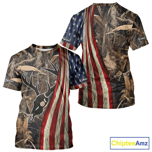 Skull Deer Hunting Shirt-Personalized US Flag Camouflage, Best Hunting Hoodie For Hunter NHT364