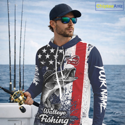 Walleye Custom US Flag Hooded Long Sleeve Shirt, Men's Fishing Shirt NHT412