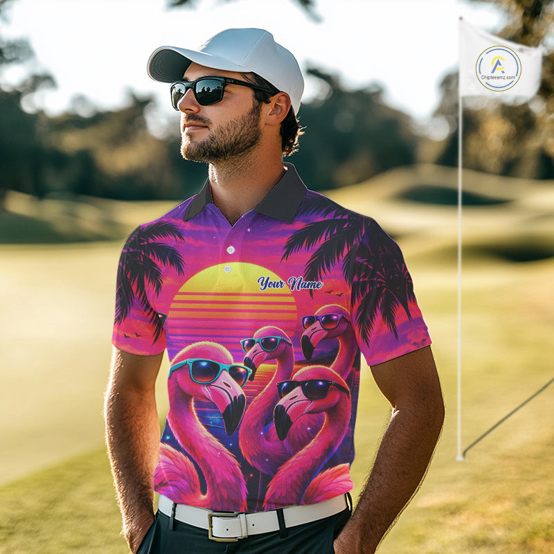 Custom Neon Flamingo Paradise Mens Golf Shirt Polo, Cool Flamingo Golf Team Outfits NHT548