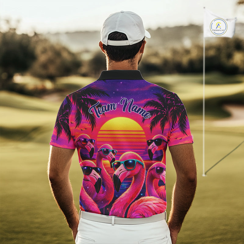 Custom Neon Flamingo Paradise Mens Golf Shirt Polo, Cool Flamingo Golf Team Outfits NHT548