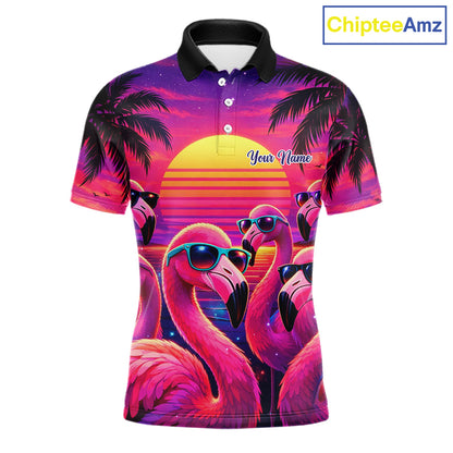 Custom Neon Flamingo Paradise Mens Golf Shirt Polo, Cool Flamingo Golf Team Outfits NHT548