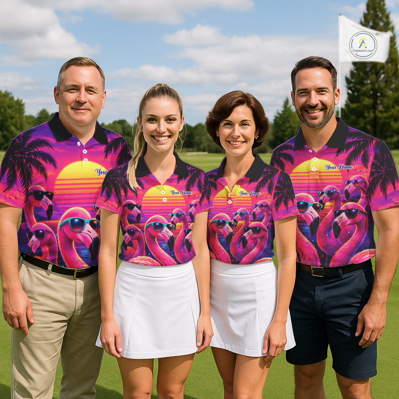 Custom Neon Flamingo Paradise Mens Golf Shirt Polo, Cool Flamingo Golf Team Outfits NHT548