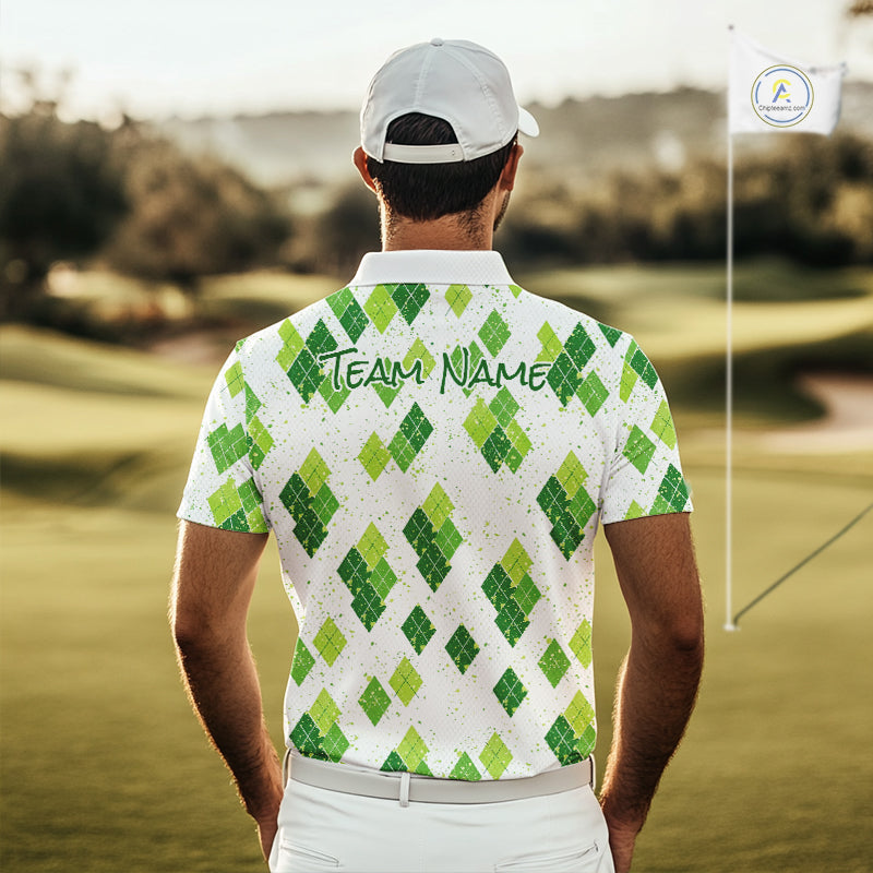 Green Argyle Mens Golf Polo Shirt, Pattern Golf Shirts Custom Team Golf Polo NHT574