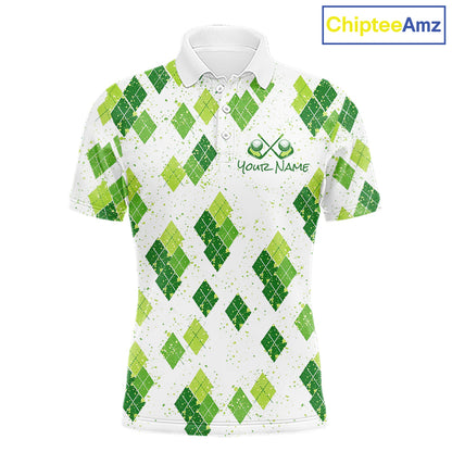 Green Argyle Mens Golf Polo Shirt, Pattern Golf Shirts Custom Team Golf Polo NHT574