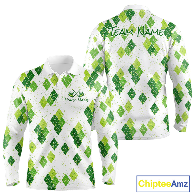 Green Argyle Mens Golf Polo Shirt, Pattern Golf Shirts Custom Team Golf Polo NHT574