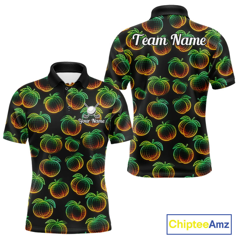 Funny Neon Colorful Peach In Dark Golf Men's Polo Shirt, Funny Fruit Pattern Polo Top NHT578