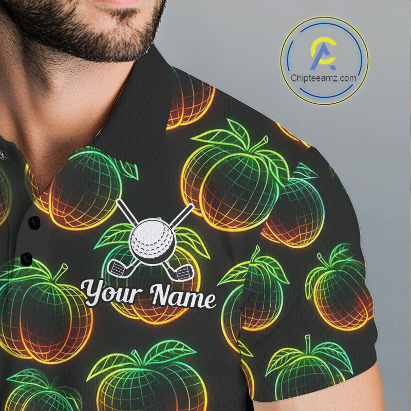 Funny Neon Colorful Peach In Dark Golf Men's Polo Shirt, Funny Fruit Pattern Polo Top NHT578