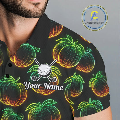 Funny Neon Colorful Peach In Dark Golf Men's Polo Shirt, Funny Fruit Pattern Polo Top NHT578