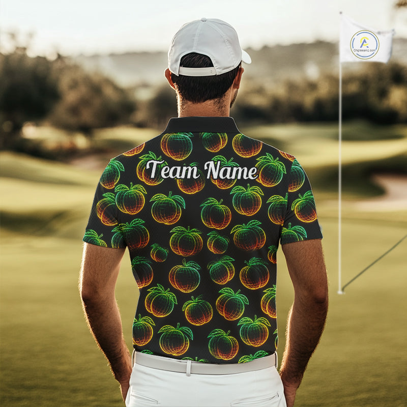 Funny Neon Colorful Peach In Dark Golf Men's Polo Shirt, Funny Fruit Pattern Polo Top NHT578