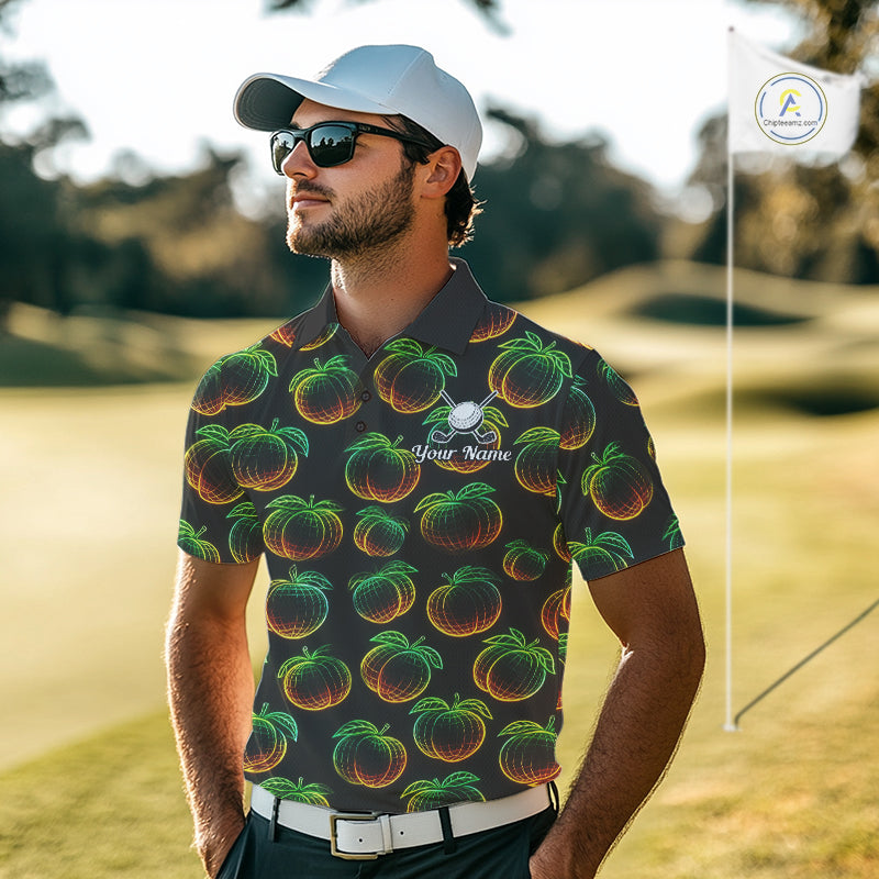 Funny Neon Colorful Peach In Dark Golf Men's Polo Shirt, Funny Fruit Pattern Polo Top NHT578