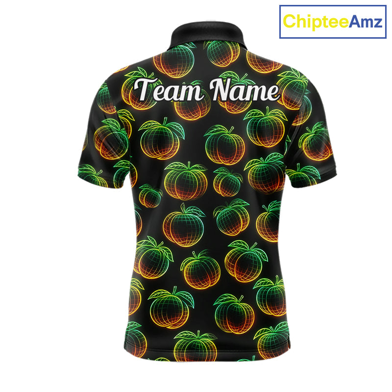 Funny Neon Colorful Peach In Dark Golf Men's Polo Shirt, Funny Fruit Pattern Polo Top NHT578