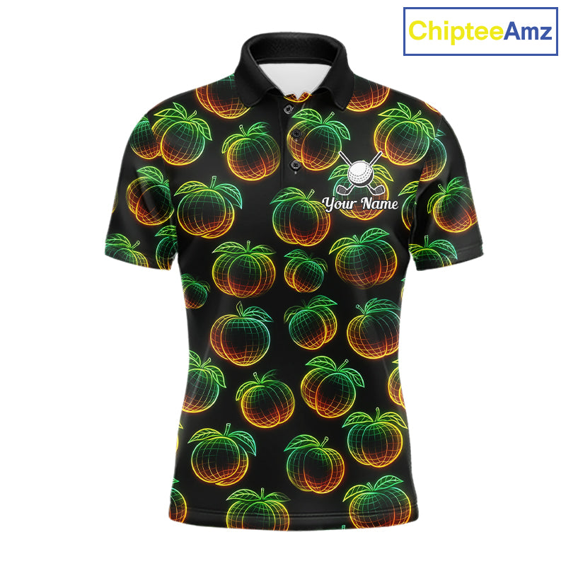 Funny Neon Colorful Peach In Dark Golf Men's Polo Shirt, Funny Fruit Pattern Polo Top NHT578
