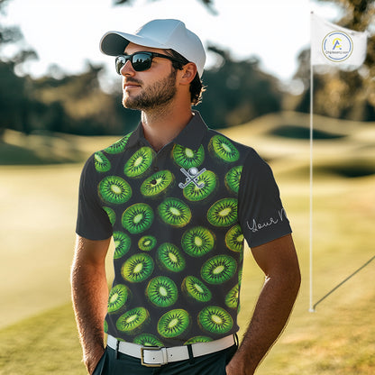 Funny Colorful Kiwi In Dark Golf Men's Polo Shirt,  Funny Fruit Pattern Polo Top NHT579