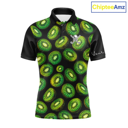 Funny Colorful Kiwi In Dark Golf Men's Polo Shirt,  Funny Fruit Pattern Polo Top NHT579