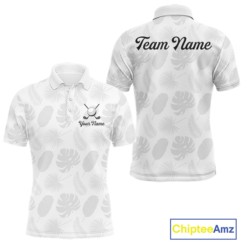 Mens Golf Polo Shirts Custom Gray Tropical Leaves Golf Shirts, Best Mens Golf Wears NHT783