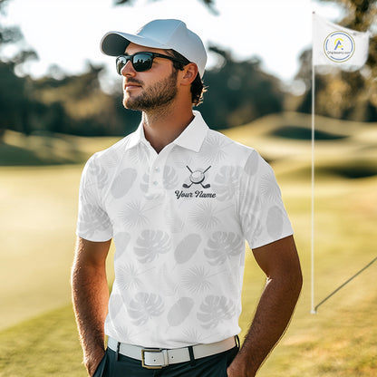 Mens Golf Polo Shirts Custom Gray Tropical Leaves Golf Shirts, Best Mens Golf Wears NHT783