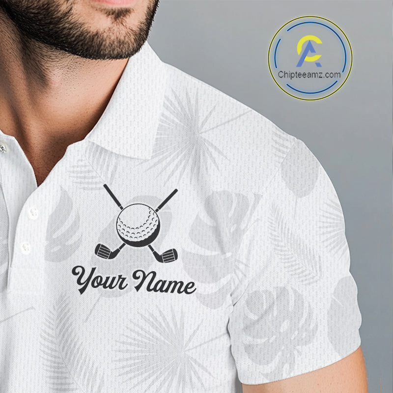 Mens Golf Polo Shirts Custom Gray Tropical Leaves Golf Shirts, Best Mens Golf Wears NHT783