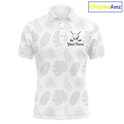 Mens Golf Polo Shirts Custom Gray Tropical Leaves Golf Shirts, Best Mens Golf Wears NHT783