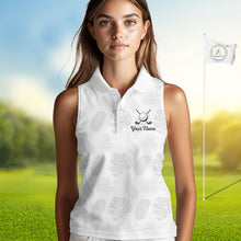 Load image into Gallery viewer, Sleeveless Womens Golf Polo Shirts Custom Gray Tropical Leaves Golf Shirts, Best Womens Golf Wears NHT783