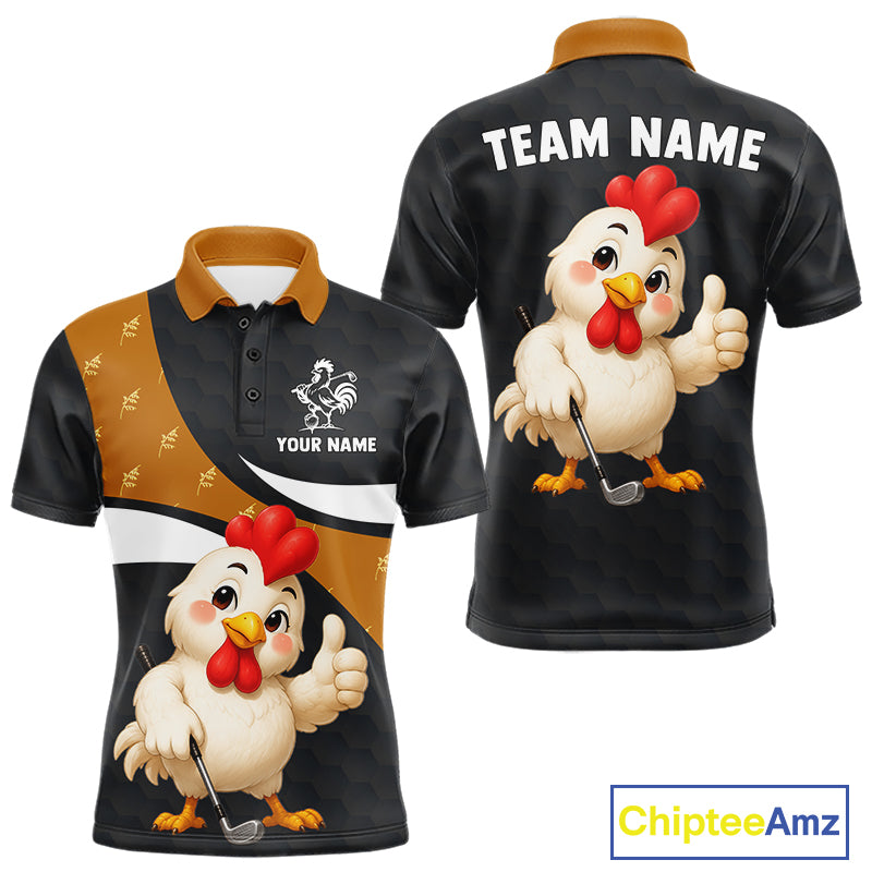 Funny chicken men golf polo shirt with rooster golfer design and custom name