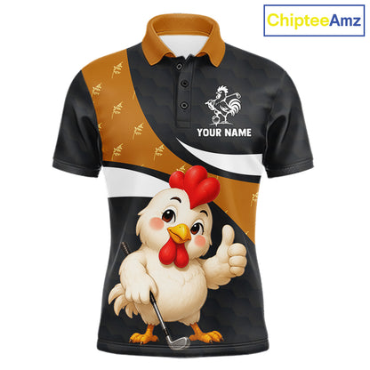 Funny chicken men golf polo shirt with rooster golfer design and custom name
