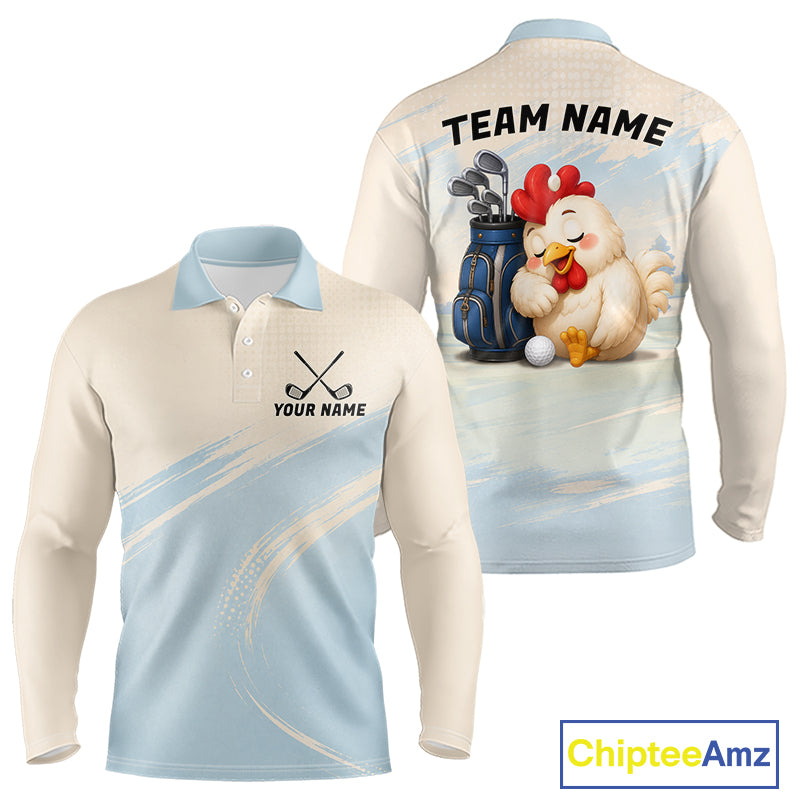 Funny chicken golf polo shirt personalized custom name blue golf polo for men