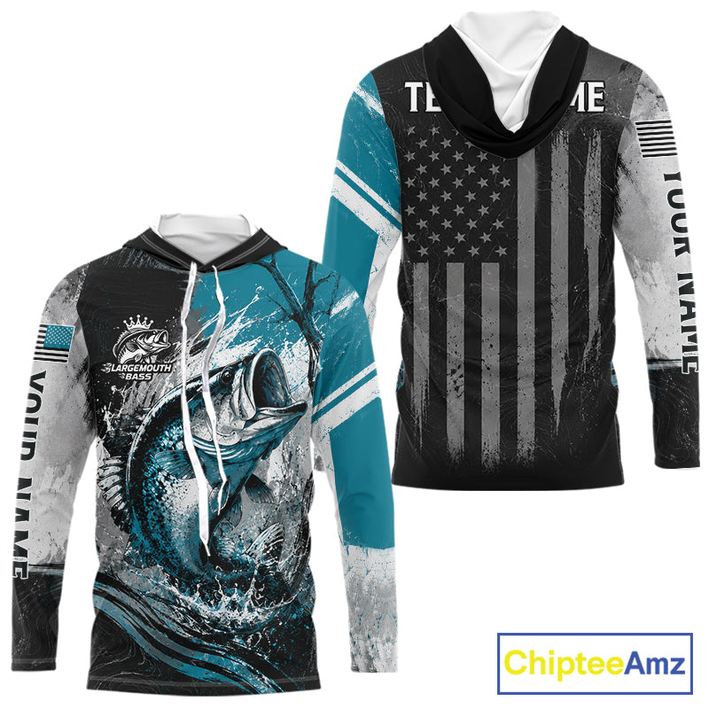 Personalized Bass Fishing Shirts Long Sleeve Hooded, Patriotic American Flag Fishing Jersey 