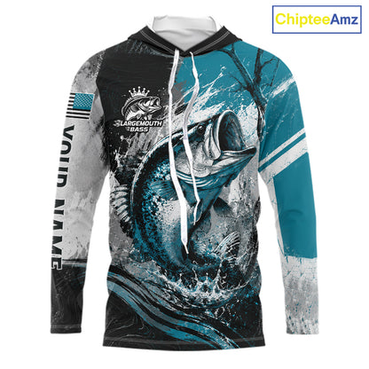 Personalized Bass Fishing Shirts Long Sleeve Hooded, Patriotic American Flag Fishing Jersey 