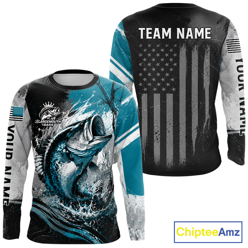 Personalized Bass Fishing Shirts Long Sleeve, Patriotic American Flag Fishing Jersey 