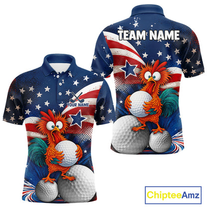 Front and back views of a short-sleeve polo shirt featuring a patriotic American flag design with white stars on a blue background, red and white stripes, and a cartoon rooster holding golf balls. The shirt includes customizable text placeholders 'YOUR NAME' and 'TEAM NAME'.