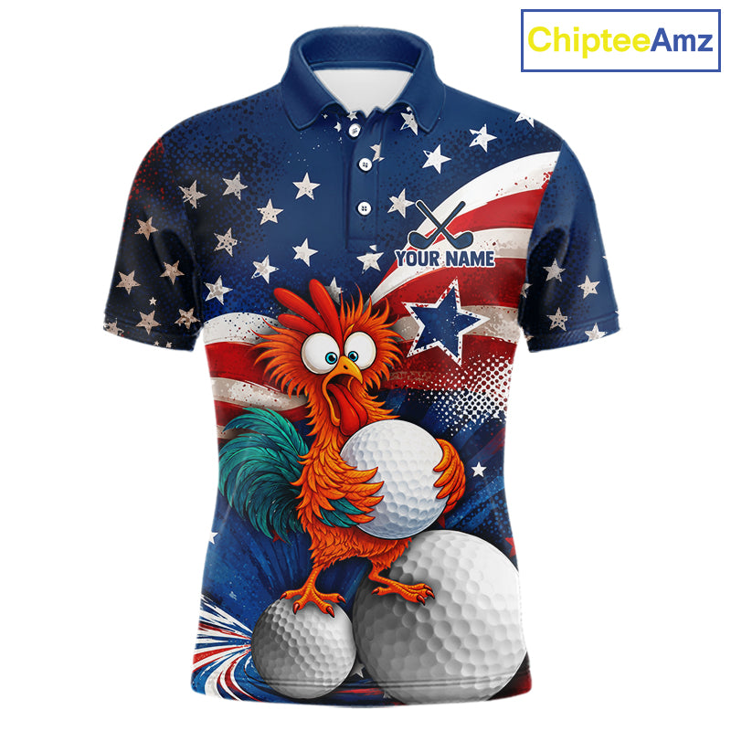 A short-sleeve polo shirt with a patriotic American flag design featuring white stars on a blue background, red and white stripes, golf balls, and a cartoon rooster holding a golf ball. The shirt has a customizable text placeholder 'YOUR NAME' on the chest.
