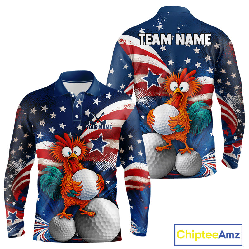 Front and back views of a long-sleeve polo shirt featuring a patriotic American flag design with white stars on a blue background, red and white stripes, and a cartoon rooster holding golf balls. The front shows 'YOUR NAME' and the back shows 'TEAM NAME' placeholders.