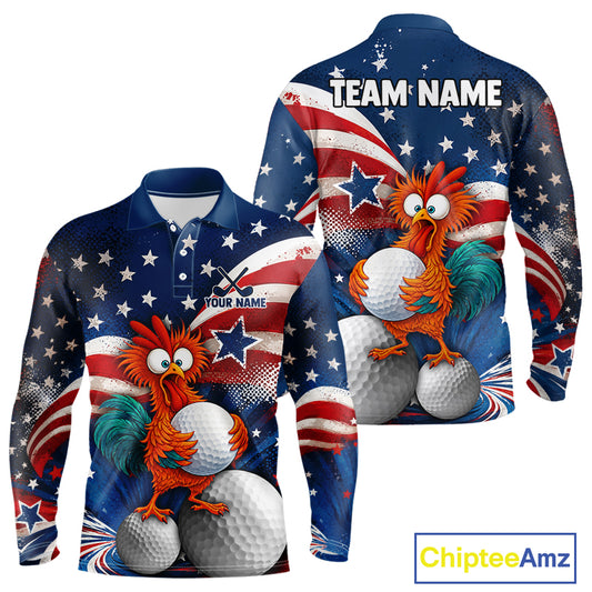 Front and back views of a long-sleeve polo shirt featuring a patriotic American flag design with white stars on a blue background, red and white stripes, and a cartoon rooster holding golf balls. The front shows 'YOUR NAME' and the back shows 'TEAM NAME' placeholders.