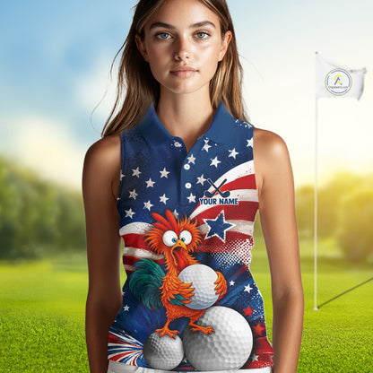 A woman modeling a sleeveless polo shirt with a patriotic American flag design featuring white stars on a blue background, red and white stripes, and a cartoon rooster standing on golf balls. The shirt has a customizable name printed on the chest.