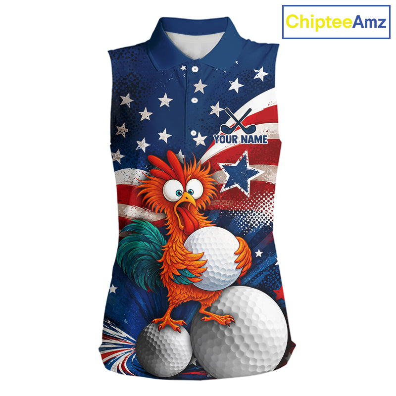 A sleeveless collared golf shirt featuring a patriotic American flag design with white stars, red and white stripes, and a cartoon rooster holding golf balls. The shirt includes a customizable text placeholder reading 'YOUR NAME' on the chest.