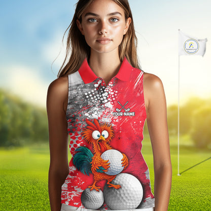 A woman modeling a sleeveless collared golf shirt with a vibrant red, white, and gray graphic print featuring a cartoon rooster and golf balls, set against a blurred golf course background with a flag.