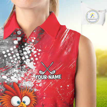 A sleeveless red polo-style shirt with a custom graphic design, featuring a red and white paint splatter pattern, crossed golf clubs, the text 'YOUR NAME', and a cartoon bird character. The shirt is modeled on a person against a golf course background with a flag.