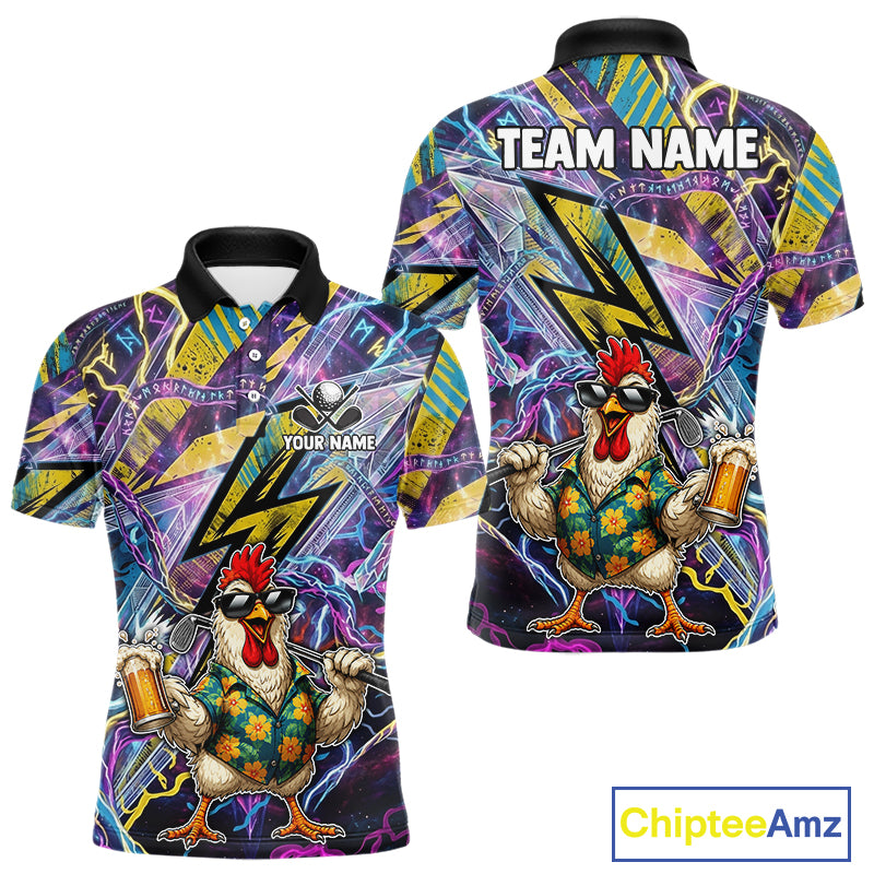 Front and back views of a short-sleeve polo shirt featuring a colorful graphic print with a cartoon chicken character, lightning bolts, and placeholder text 'TEAM NAME' and 'YOUR NAME'.