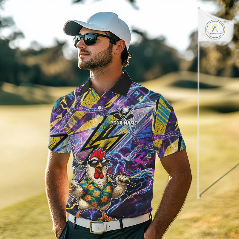 Funny Rooster Men Golf Polo Shirt Custom Name Purple Yellow Golf Team Shirt NHT1256