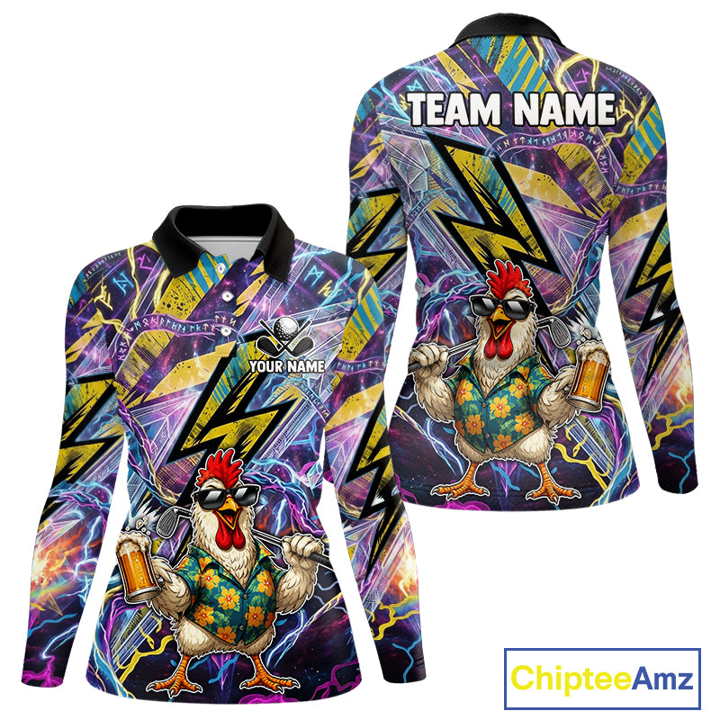 Front and back views of a long-sleeve polo shirt featuring a colorful all-over graphic print with a cartoon chicken, lightning bolts, and abstract patterns in purple, blue, yellow, and black. The front has placeholder text for customization, and the back shows 'TEAM NAME' at the collar.