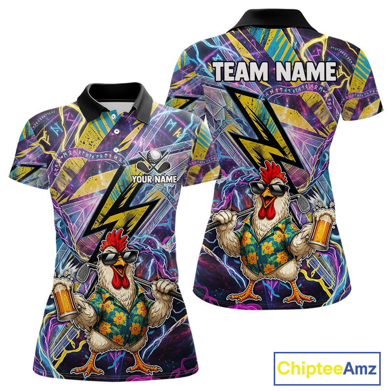 Custom short-sleeve polo shirt shown from front and back on a white background. The shirt features a vibrant, all-over graphic print with a cartoon chicken character wearing sunglasses and a floral shirt, holding beer mugs, with purple lightning bolts and abstract patterns.