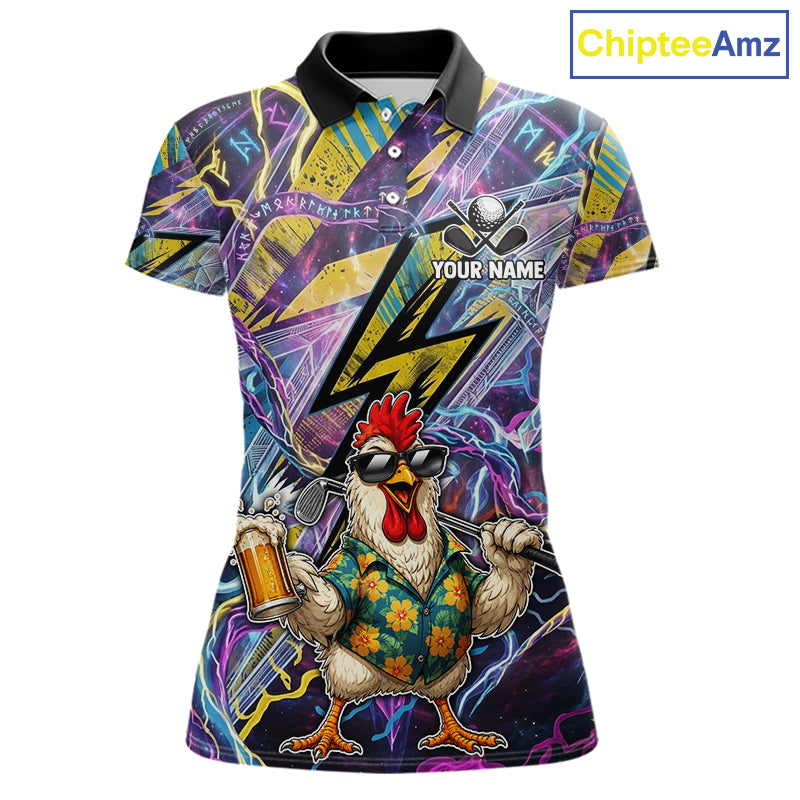 A women's short-sleeve polo shirt with a vibrant all-over graphic print. The design features a cartoon rooster wearing sunglasses and a floral shirt, holding a beer mug and a bat, set against a background of purple and yellow lightning bolts and geometric patterns.