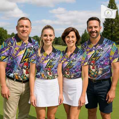 Funny Rooster Women Golf Polo Shirt Custom Name Purple Yellow Golf Team Shirt NHT1256