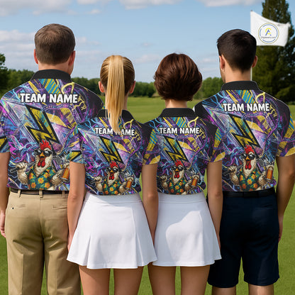 Funny Rooster Men Golf Polo Shirt Custom Name Purple Yellow Golf Team Shirt NHT1256