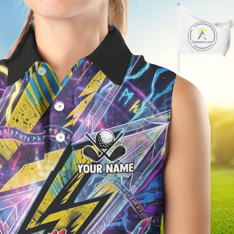 A sleeveless collared golf shirt with a vibrant cosmic lightning bolt print in purple, blue, yellow, and black, featuring a customizable name graphic and a black collar, shown on a model against a golf course background.