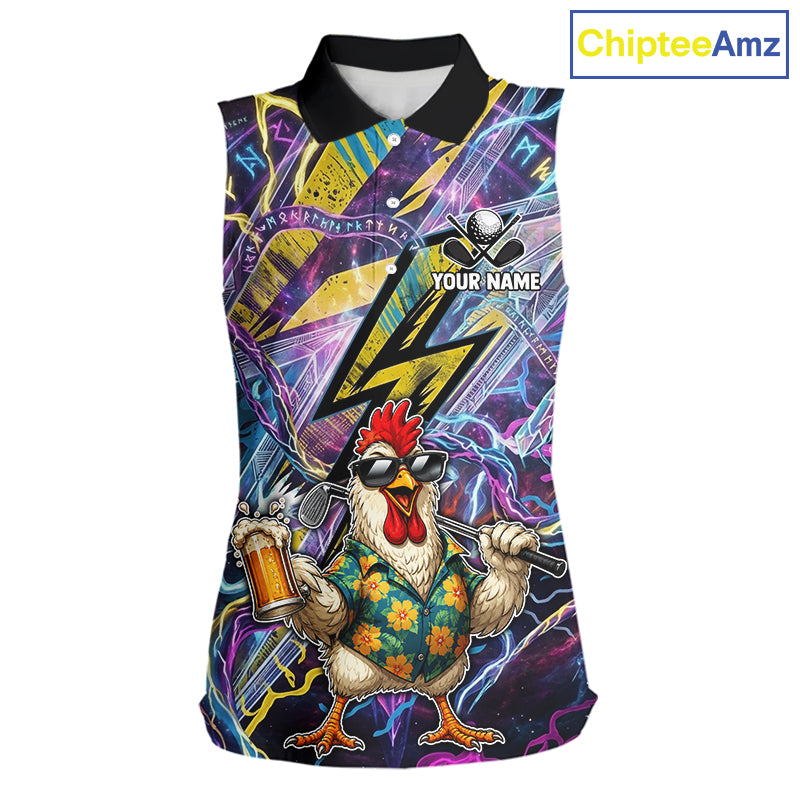 A sleeveless polo shirt mockup with a black collar and a vibrant, all-over graphic print. The design features a cartoon chicken in a floral shirt holding a beer mug and a cigarette, set against a purple and blue neon lightning-bolt background.