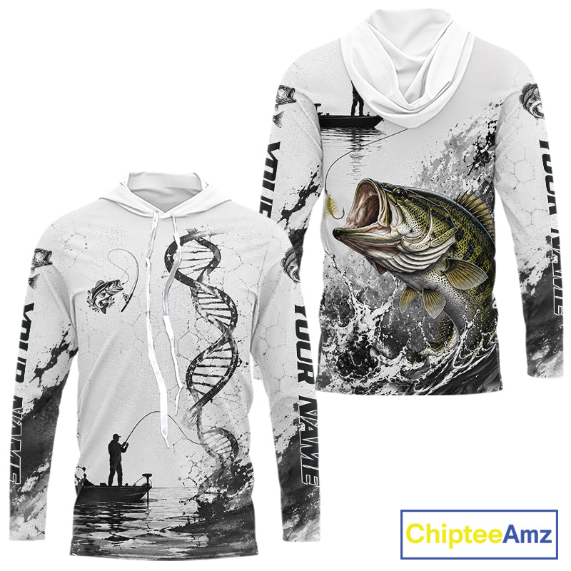 Largemouth Bass Fishing Long Sleeve Hooded Shirt Fisherman Boat DNA Art Graphic For Anglers For Men