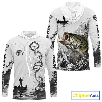 Largemouth Bass Fishing Long Sleeve Hooded Shirt Fisherman Boat DNA Art Graphic For Anglers For Men